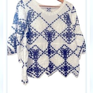 Kindred Anthropologie Cream Navy Embroidered Peasant Boho Top Sz XL Women Blouse
